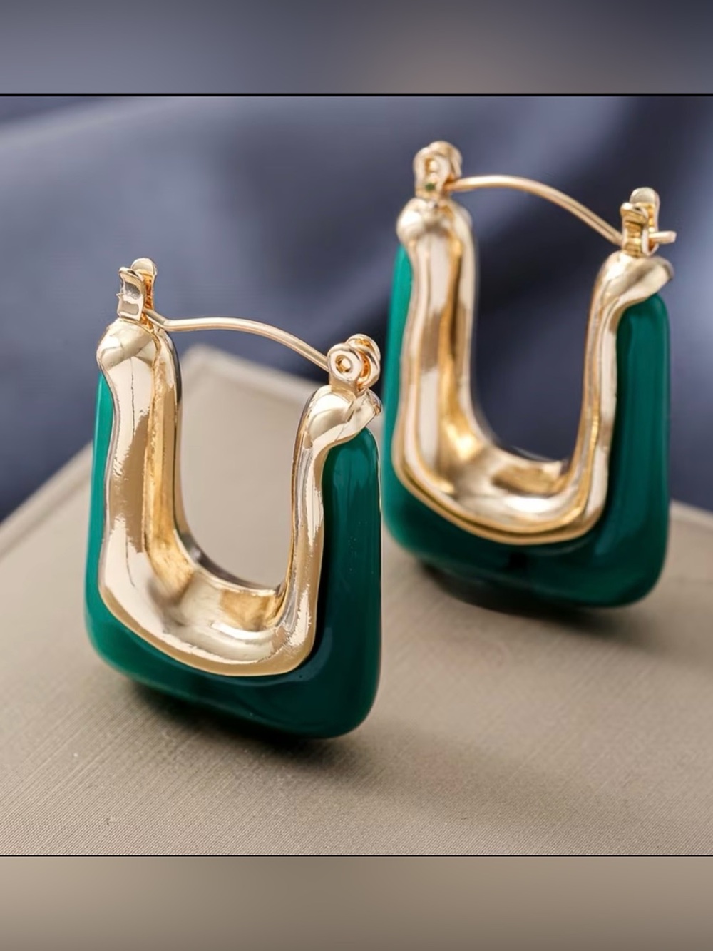 Gold & Emerald Green Sculpted Hoop Earrings - Women Jewelry